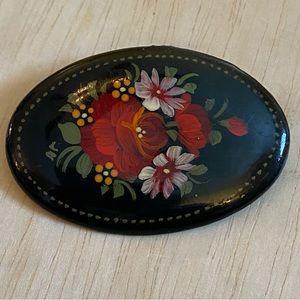 Vintage Oval Russian Style Lacquered Floral Design Black Background Brooch Pin